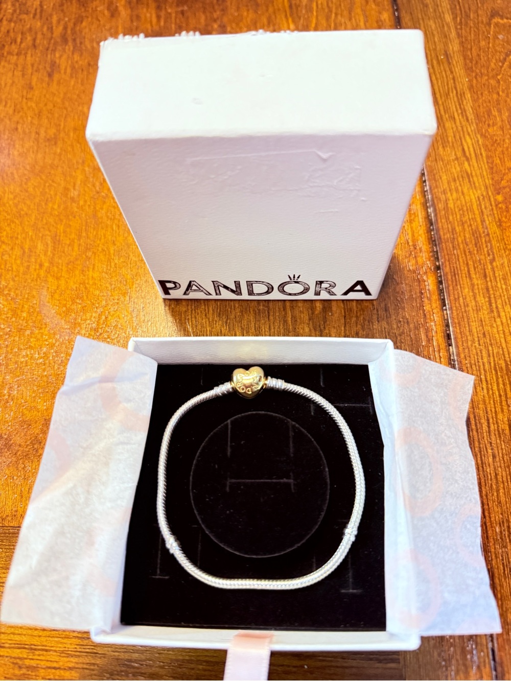 Pandora Silver Snake Chain Bracelet with Gold Heart Clasp 8.3 inches
